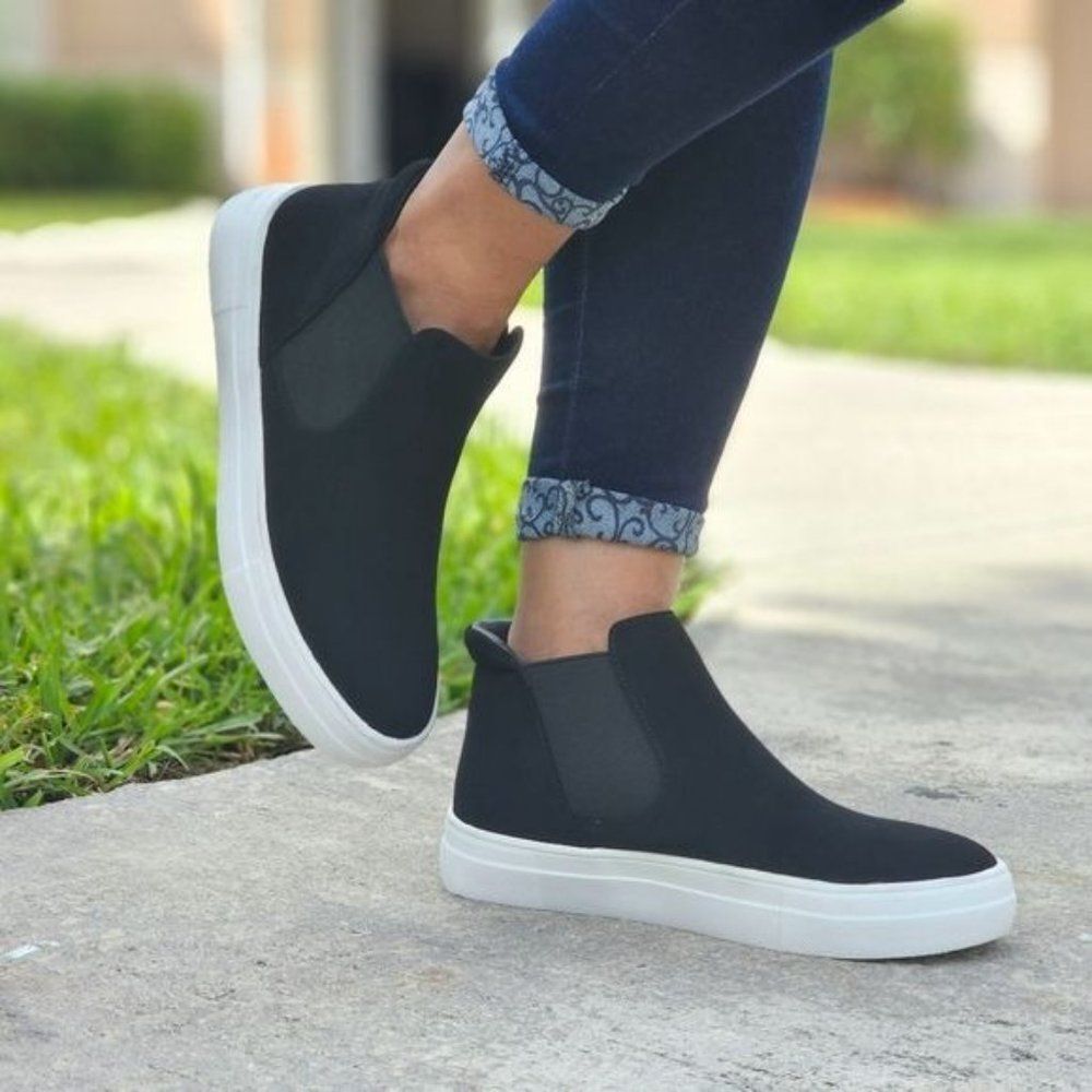 Black Nubuck Chelsea Style High Top Sneakers for Women Slip On - Picture 3 of 5